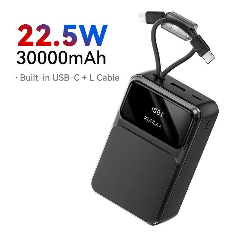 30000mAh 22.5W Portable Power Bank with Built-in Cables — Fast Charger USB-C & USB-A, 4-Device Portable Charger