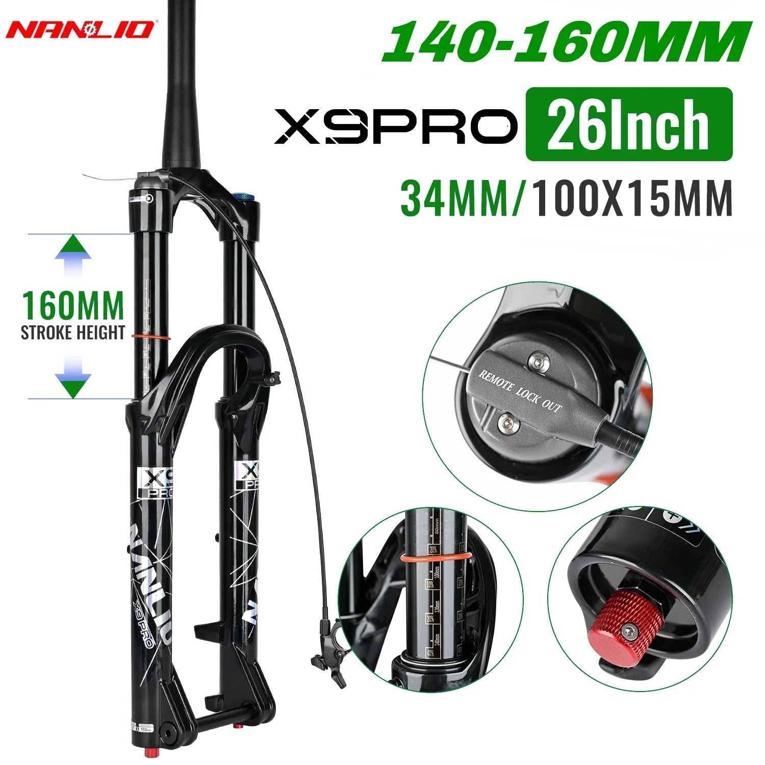 34mm MTB Suspension Fork for 26/27.5/29 in Wheels, Oil & Air Damping, 140/160mm (5.5/6.3 in) Travel with Metal Bushings