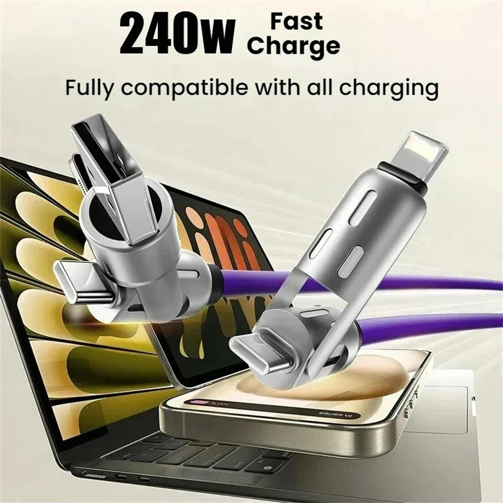 4-in-1 240W USB-C PD Fast Charging Cable — Silicone Power Cord, Type-C to USB-A, Compatible with iPhone Samsung Xiaomi