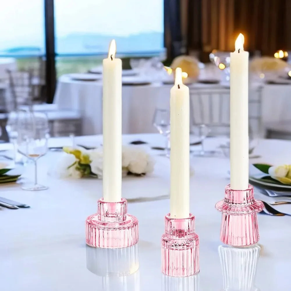 3-Pack Ribbed Double-Ended Glass Candle Holders — Vintage Taper & Tealight Centerpiece Set for Weddings, Dinner Parties, Home Decor