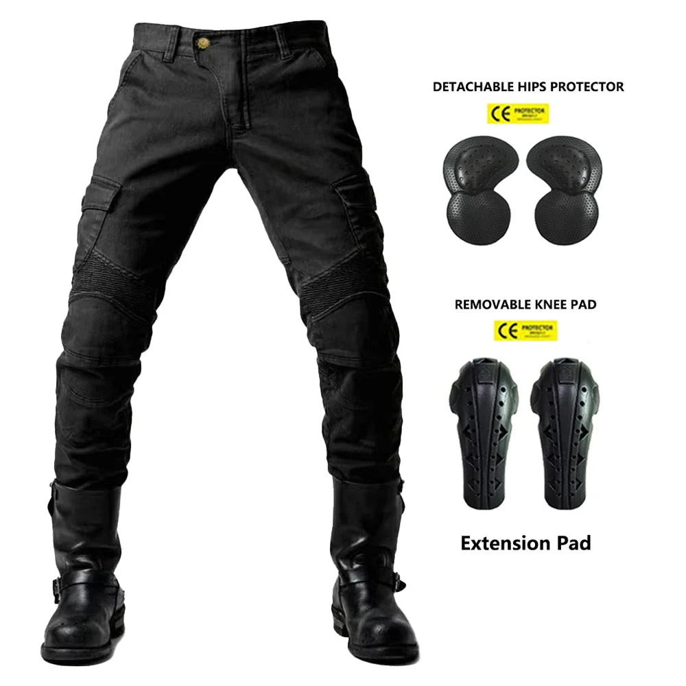 Men's Motorcycle Riding Pants with Detachable Knee and Hip Protectors Four-Season Casual Jeans