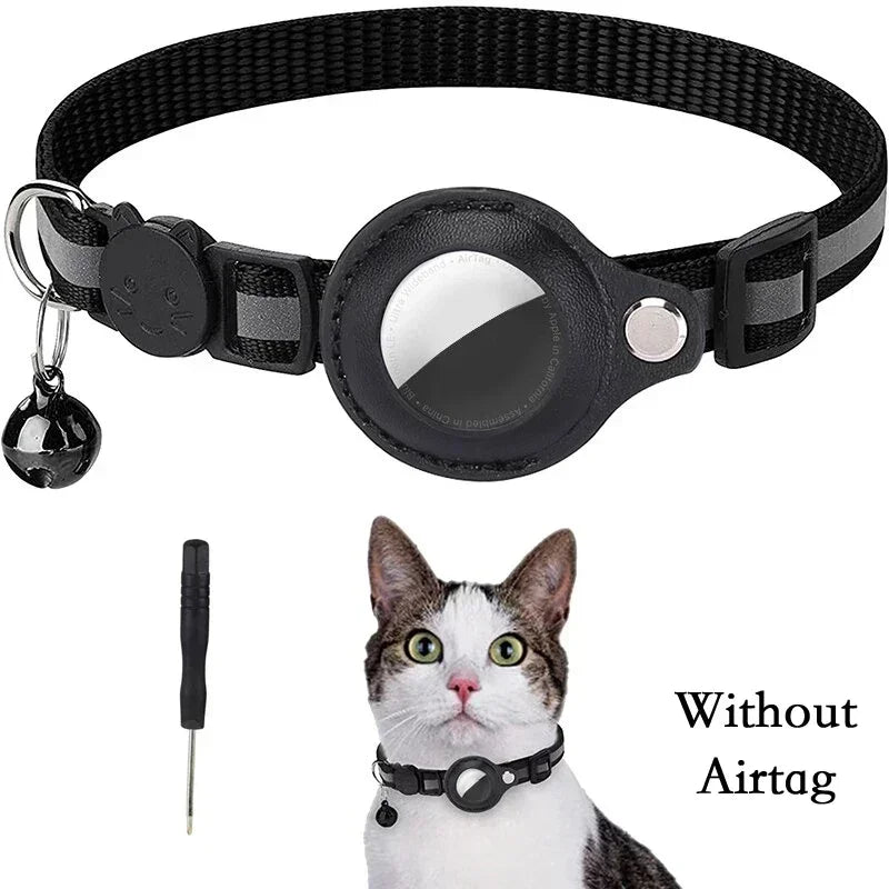 Adjustable Reflective Cat Collar with Tracker Case & Bell — Protective PU Holder for Bluetooth GPS Trackers, 22–34 cm (8.7–13.4 in)