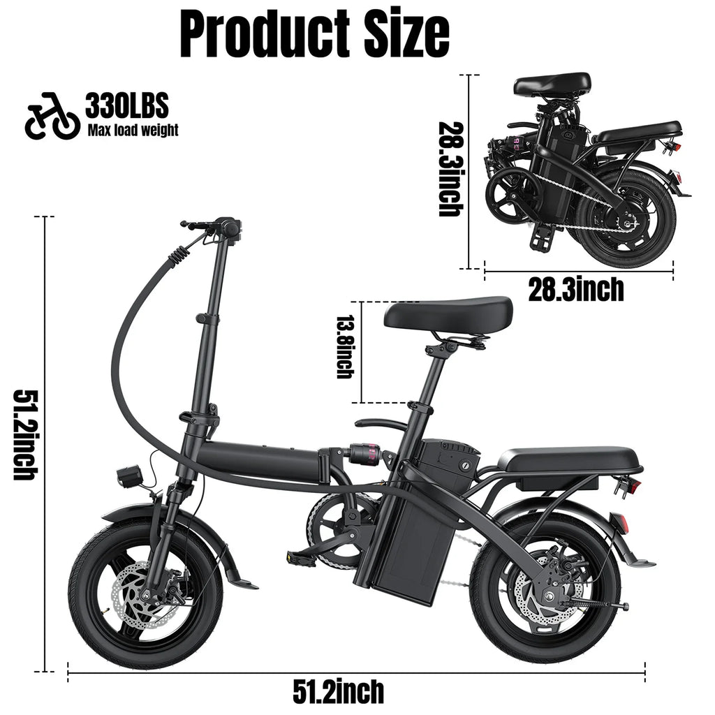 Foldable Electric Bike 500W Motor Dual Disc Brakes 14-inch (35.6 cm) Wheels 48V 10Ah Battery Up to 22 mi Range 20 MPH Commuter with Seat & Basket