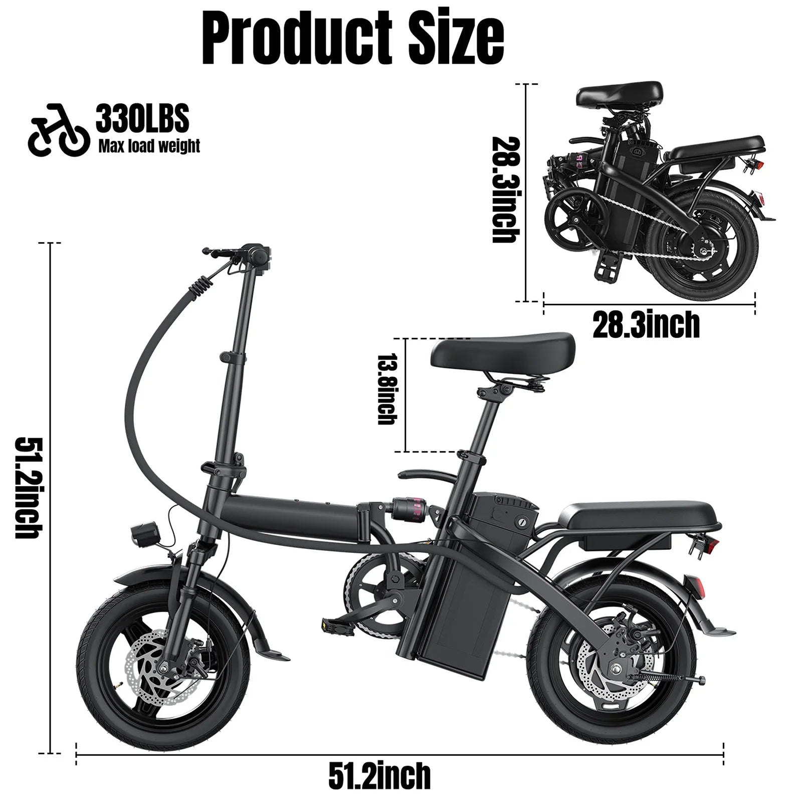 Foldable Electric Bike 500W Motor Dual Disc Brakes 14-inch (35.6 cm) Wheels 48V 10Ah Battery Up to 22 mi Range 20 MPH Commuter with Seat & Basket