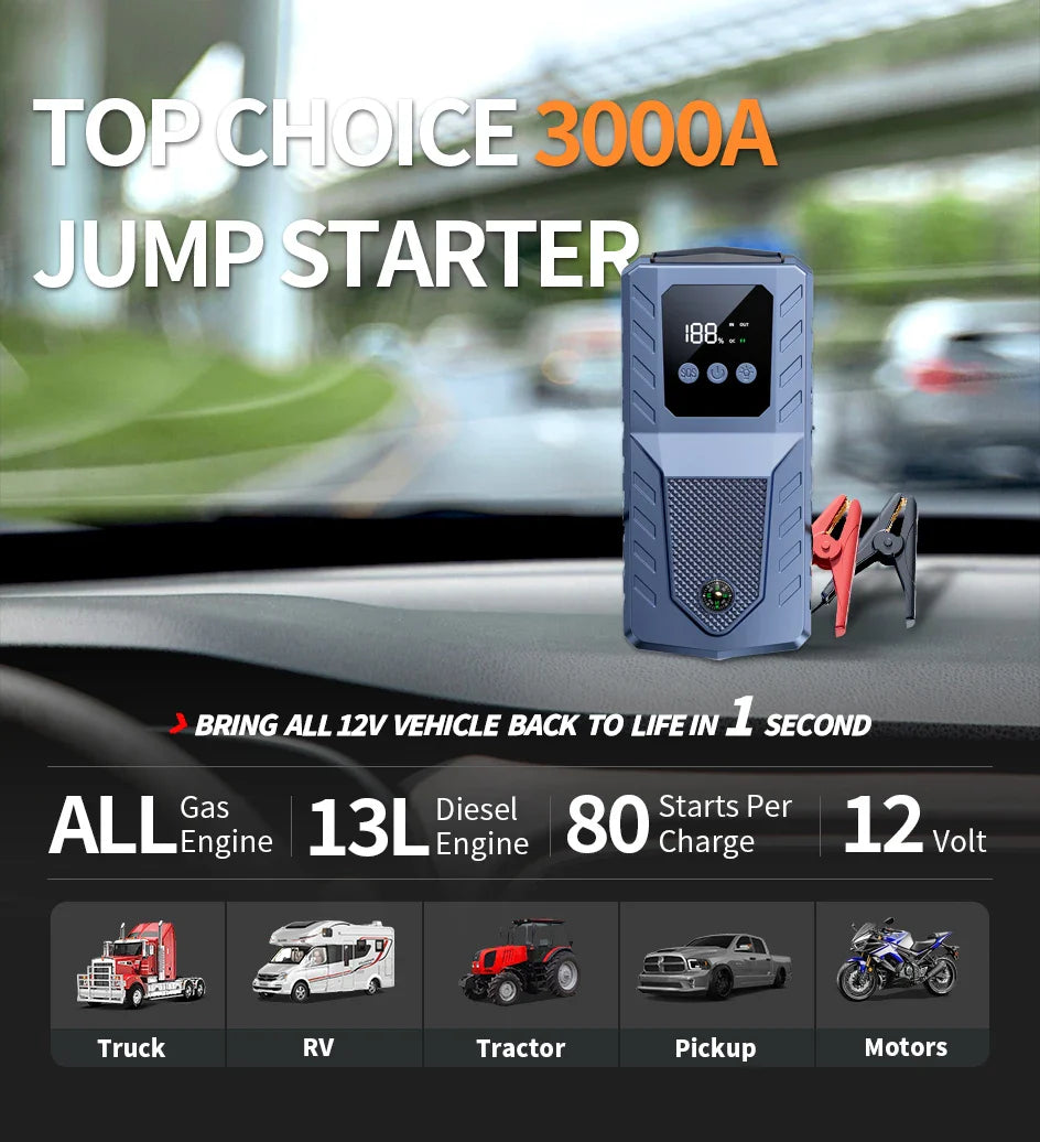 12V Portable Car Jump Starter Power Bank 2000A/3000A Emergency Auto Starter Booster