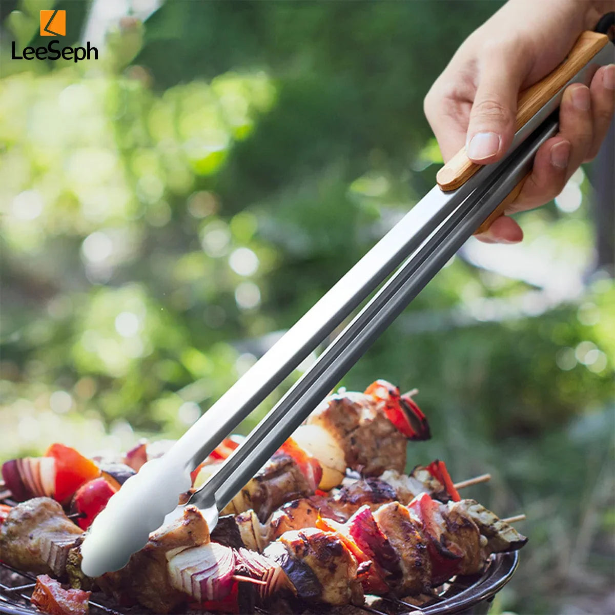 Stainless Steel Grill & Salad Tongs with Oak Handle, Locking Ring, Heat-Resistant — 5 Sizes Available