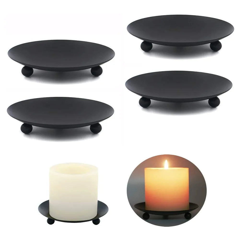 Round Iron Candle Plate Holder — Rust-Resistant Metal Pedestal for Pillar, Ball & Votive Candles, Gold or Black, Small 2.8×2.8×0.6 in (7×7×1.5 cm) & Large 4.3×4.3×0.7 in (11×11×1.7 cm)