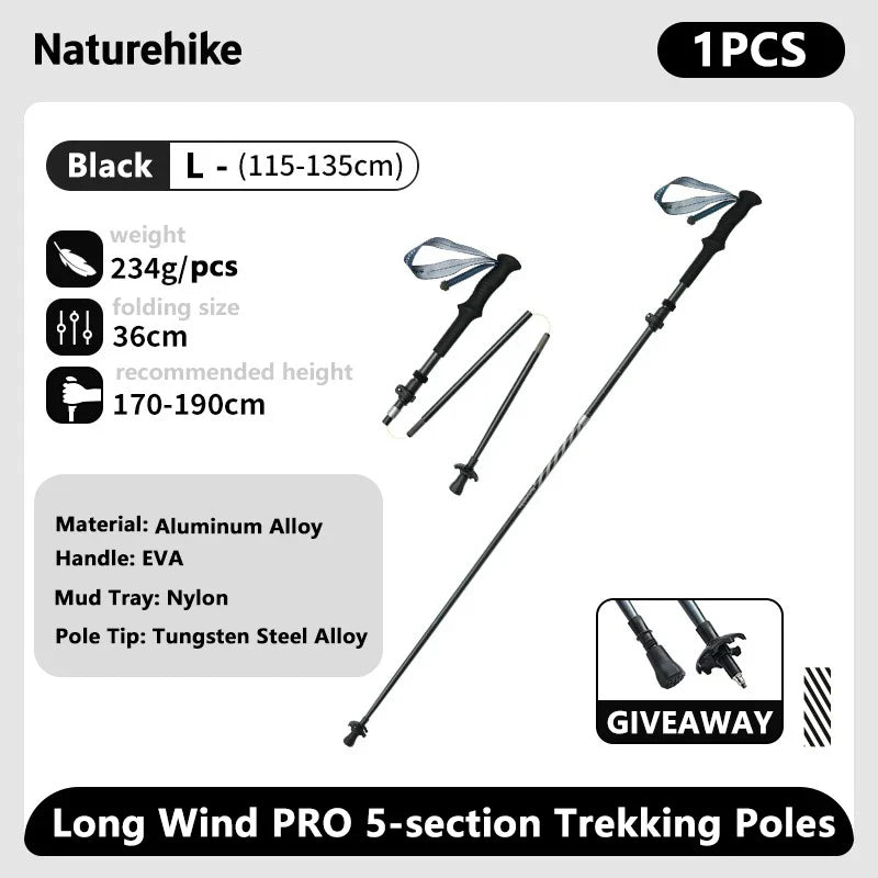 Ultralight Carbon Fiber 5-Section Folding Trekking Poles, Collapsible Quick-Lock Hiking Poles Adjustable 103–120 cm (40.6–47.2 in) or 115–135 cm (45.3–53.2 in)