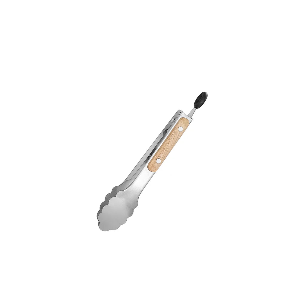 Stainless Steel Grill & Salad Tongs with Oak Handle, Locking Ring, Heat-Resistant — 5 Sizes Available