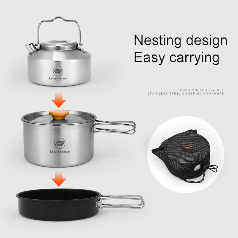 Stainless Steel Camping Cookware Set – Kettle, Pot & Pan for 2–3 People, Portable Outdoor Cooking