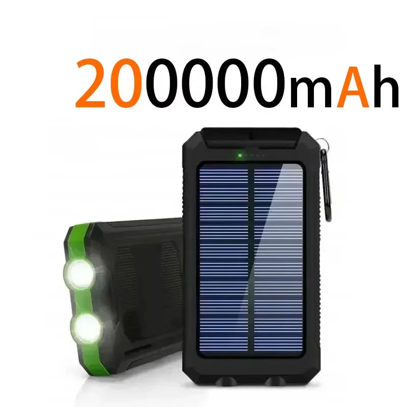 200000mAh Waterproof Solar Power Bank 20W Dual USB Portable Charger with LED Display & Flashlight for Camping