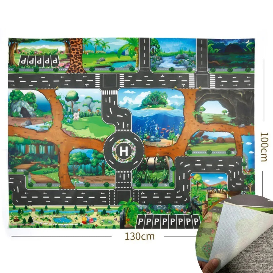 Kids Waterproof Playmat 39.4 x 51.2 in (100 x 130 cm) – Portable Foldable Road Map Play Rug with Farm, Animal & Dinosaur Design, Non-Toxic Toddler Activity Mat