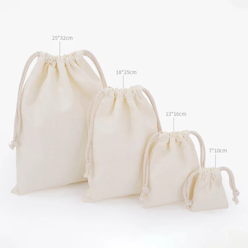 Cotton Drawstring Canvas Bags - White Reusable Gift & Storage Pouches for Candy, Jewelry, Travel and Home Organization