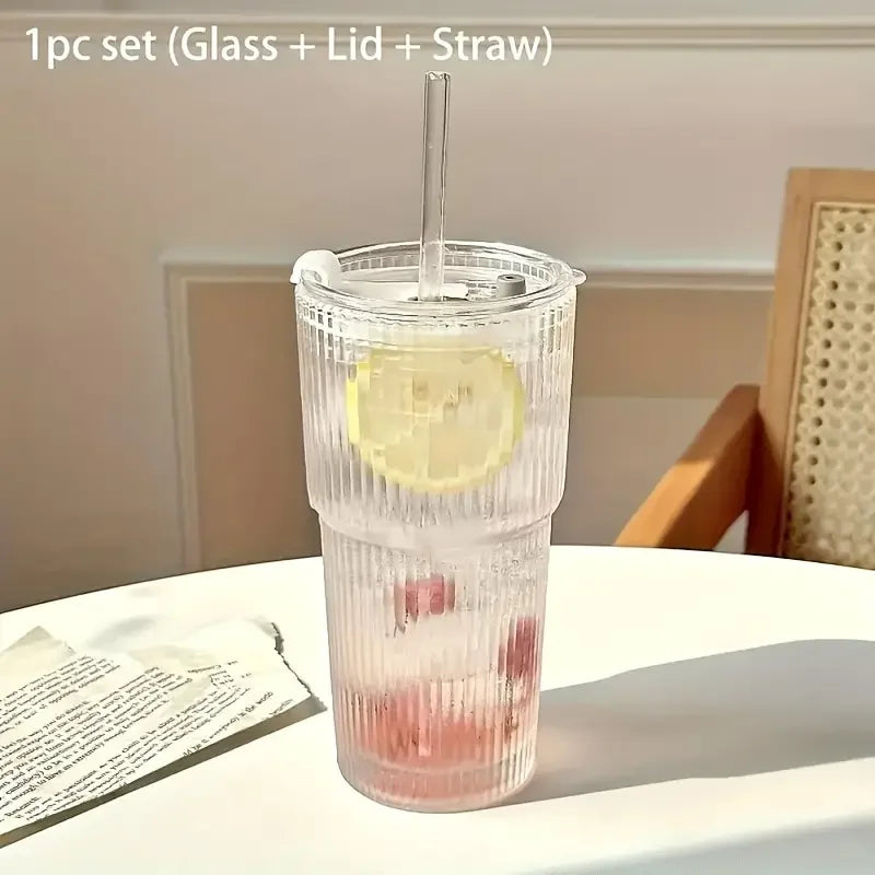 600ml (20 oz) Striped Glass Tumbler with Lid & Straw - Clear Drinking Cup for Juice, Water & Iced Coffee (Single or 2-Pack)