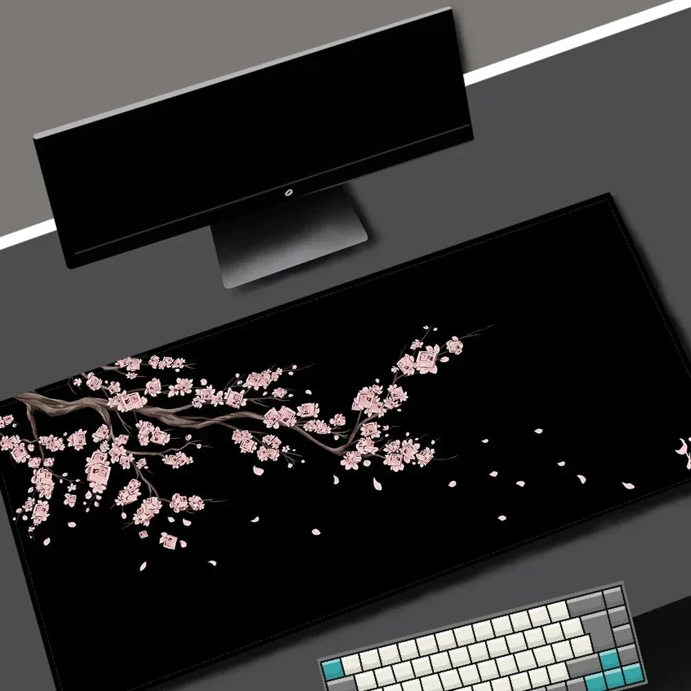Black Sakura Cherry Blossom Gaming Mouse Pad — Kawaii Purple Large Non-Slip Desk Mat