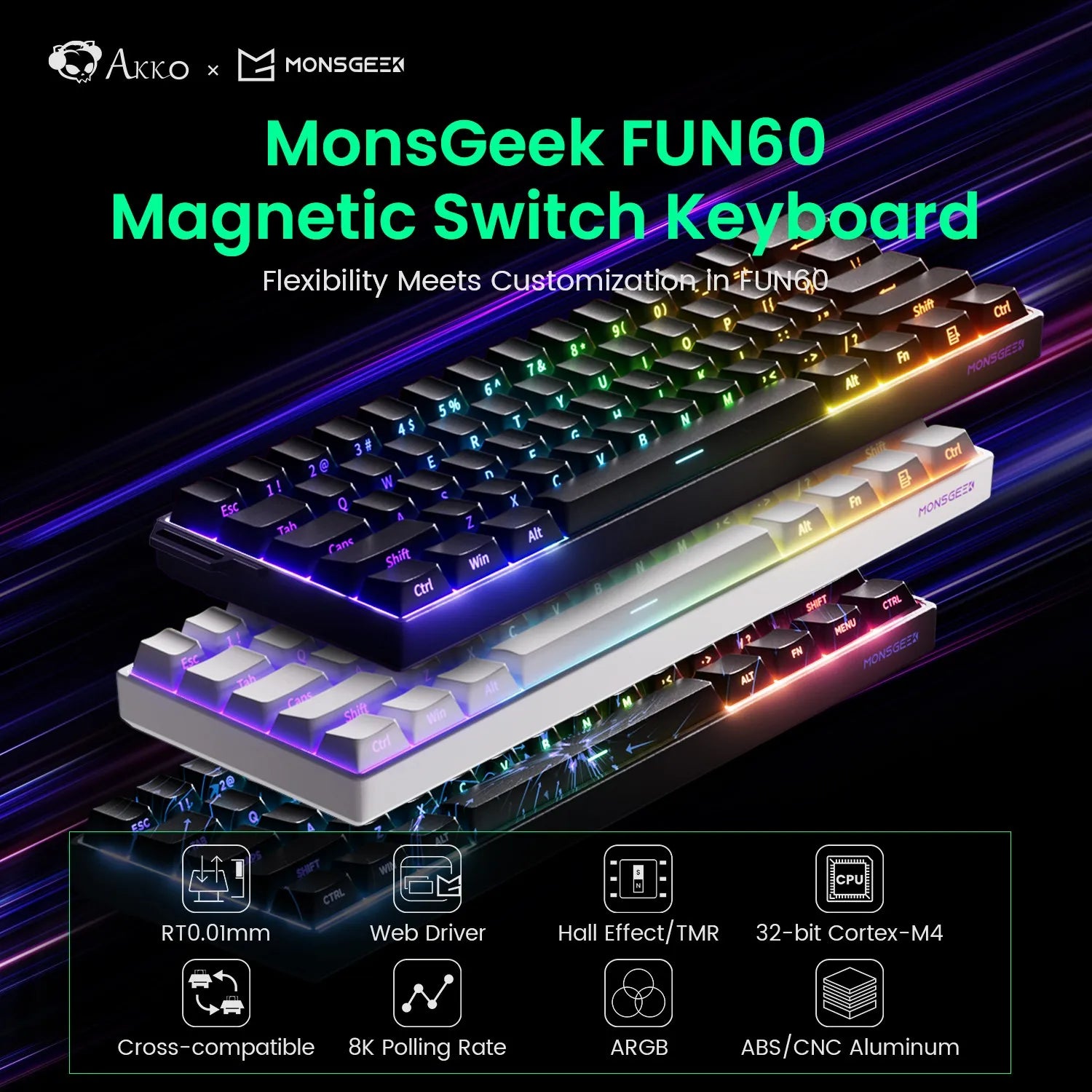 60% Magnetic Hot-Swappable Mechanical Keyboard — Tri-Mode USB-C / Bluetooth 5.0 / 2.4GHz, PBT Doubleshot Keycaps & ARGB Lighting