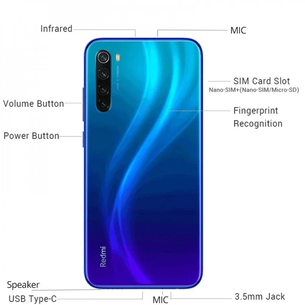 Note 8 Global ROM Smartphone, 6.3" (16.0 cm) FHD+ Waterdrop Display, 48MP Quad Camera, 4000mAh, 4G, Refurbished with Case & Tempered Glass