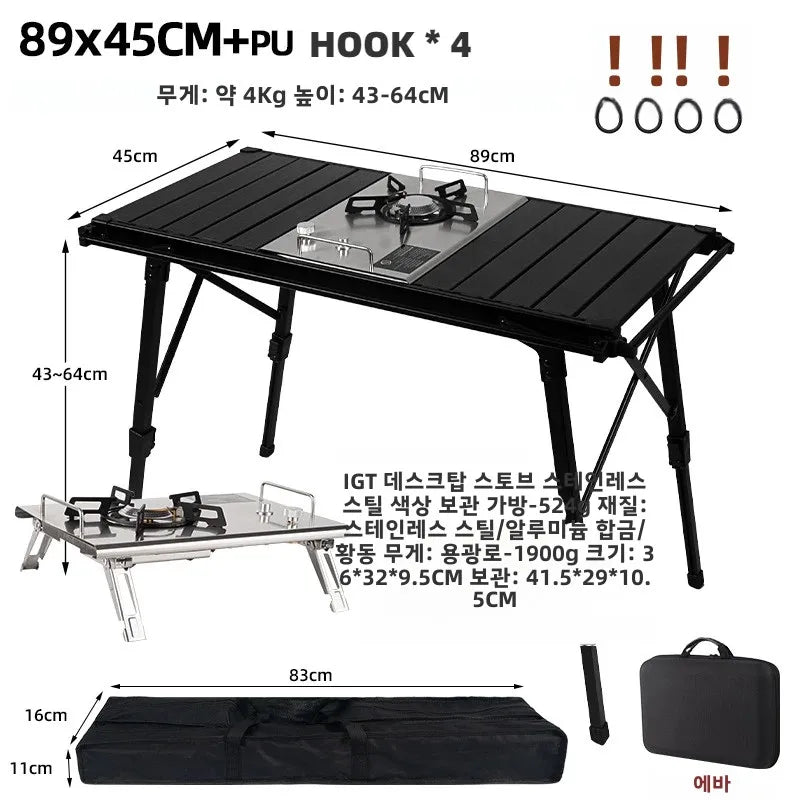 Folding IGT Camping Table – Portable Aluminum Frame with Wood-Grain Top, Adjustable Height 38–55 cm (15–22 in), 95×45 cm Surface (37×18 in) – Compact Foldable Picnic & BBQ Table