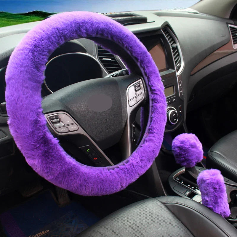 3-Piece Winter Rabbit Plush Car Steering Wheel Cover Set — Handbrake & Gear Lever Sleeves, Soft Fur Auto Interior Accessories