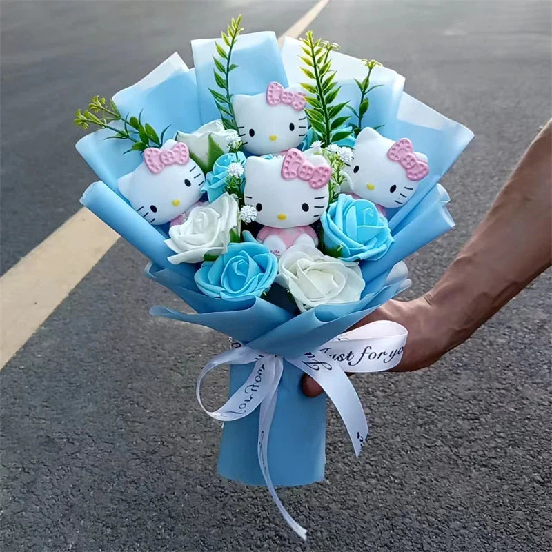 Kawaii Cat Plush Bouquet with Soap Rose Flowers — Cute Valentine's Day, Birthday & Graduation Gift