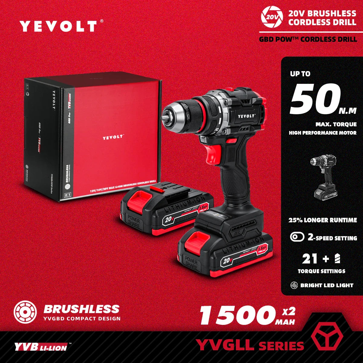 20V Brushless Cordless Drill Driver, Compact 21+1 Torque Keyless 3/8\" (0.8–10mm) Handheld Screwdriver with LED
