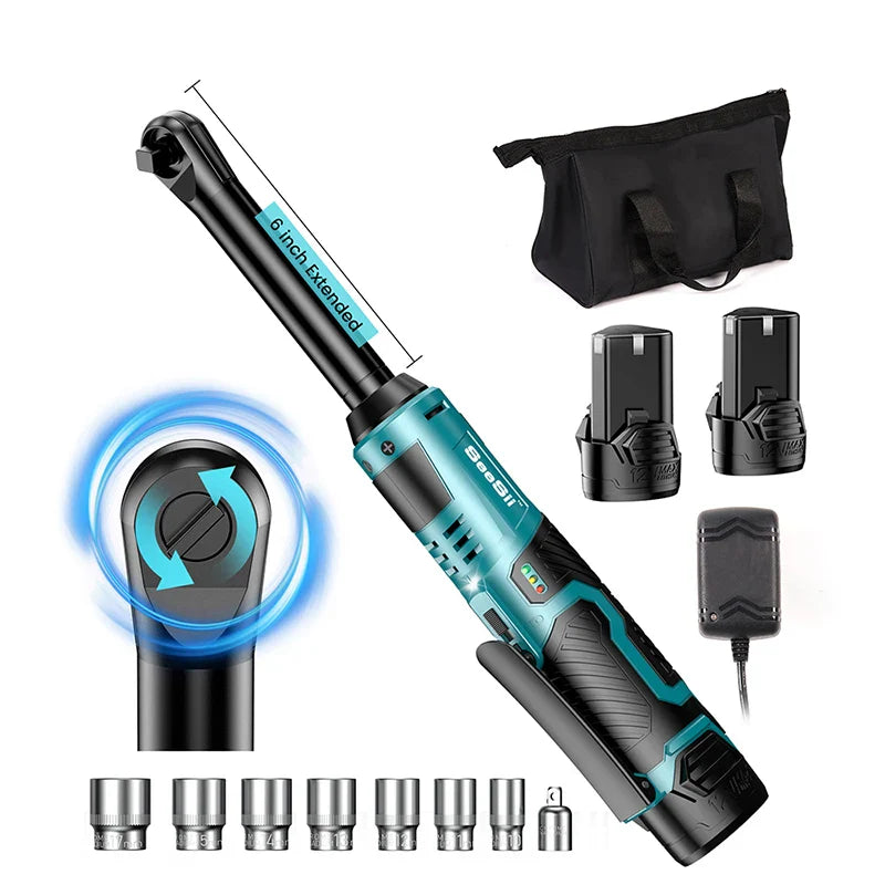 6-Inch (150 mm) Extended Cordless 3/8-Inch (9.5 mm) Ratchet Wrench 12V Rechargeable 54 N·m (40 ft-lb) Electric Angle Wrench with 2 Batteries