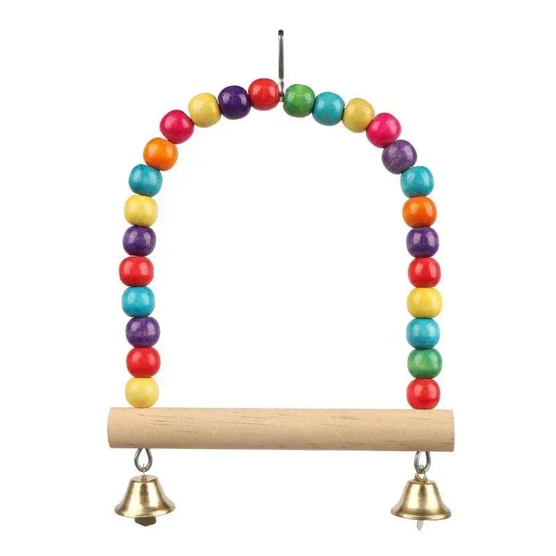 Wooden Bird Swing for Parrots & Small Birds — Hanging Play Toy with Bells & Rings, Small 12×15 cm (4.7×5.9 in) / Large 18×22 cm (7.1×8.7 in)