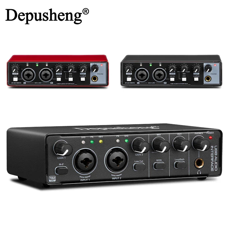 USB Audio Interface 2-In/2-Out with 48V Phantom Power — Low-Latency Recording & Live Monitoring for Guitar, Vocals, Podcasting