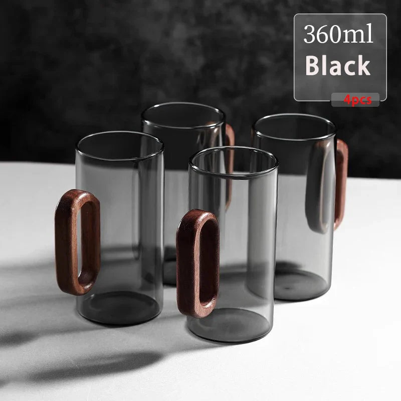 2/4/6-Pack Borosilicate Glass Mugs with Walnut Wooden Handle, 360 ml (12.2 fl oz) Heat-Resistant Teacup Set for Coffee, Milk & Juice