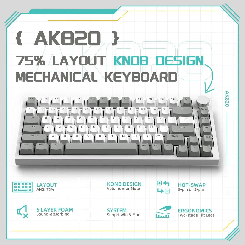 82-Key Hot-Swappable Mechanical Keyboard with Rotary Volume Knob, USB Wired & 2.4GHz Wireless, Monochrome Backlight