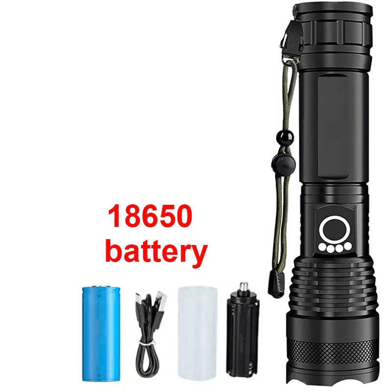 High-Power Rechargeable LED Tactical Flashlight, Aluminum Telescopic Zoom, USB-C, IPX65 Waterproof for Camping & Fishing