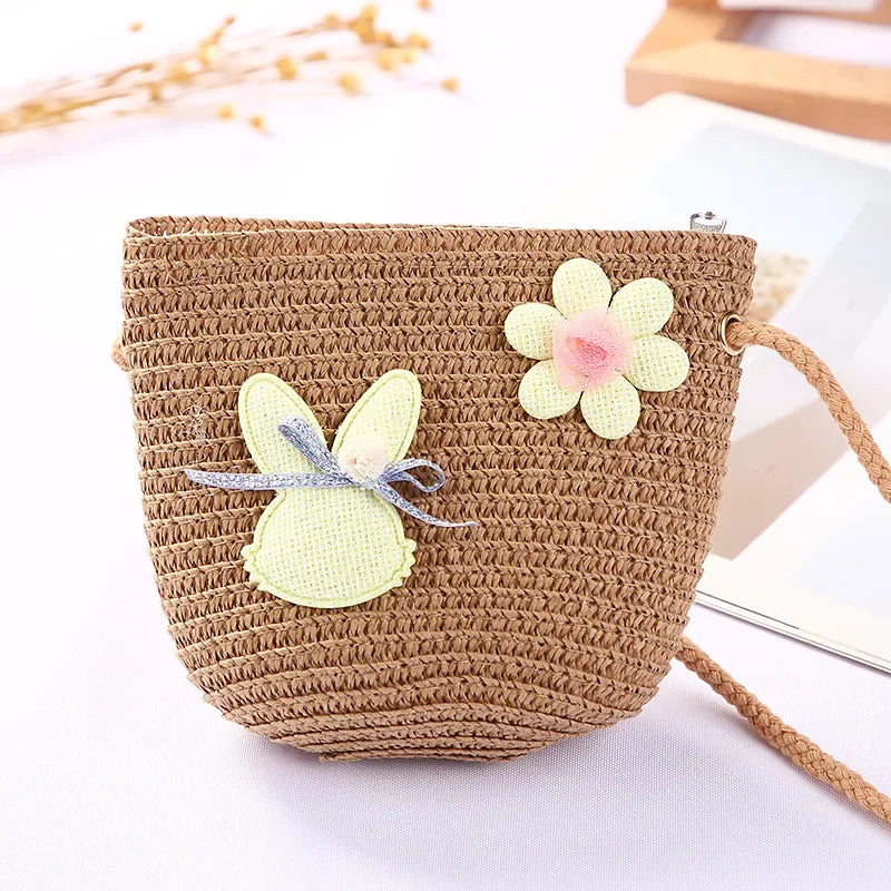 Girls Daisy Straw Mini Messenger Bag, Kids Shoulder Handbag with Coin Purse