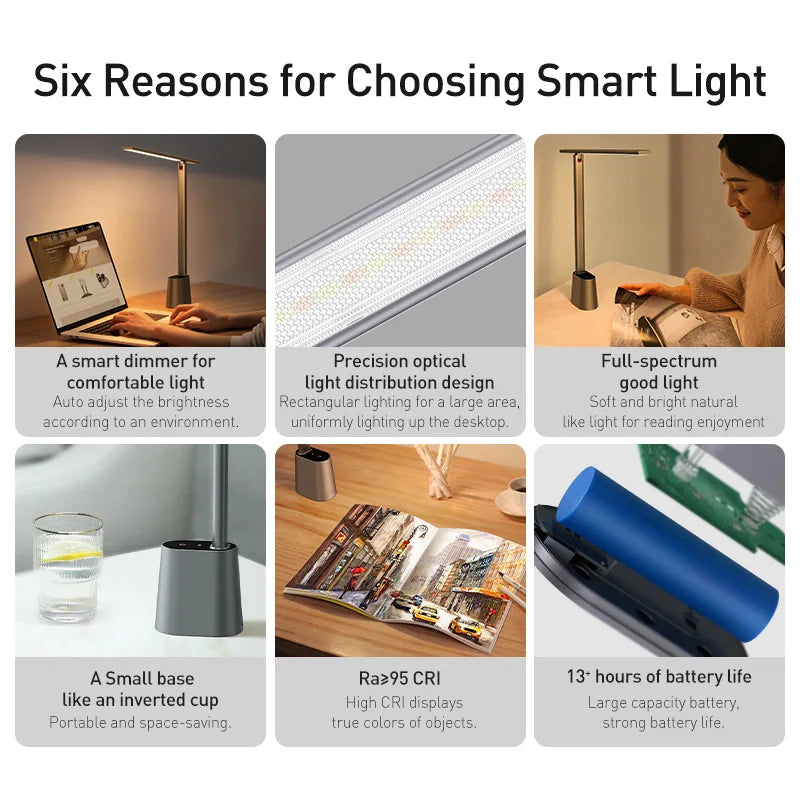 LED Eye-Protection Desk Lamp, Dimmable Foldable Rechargeable Touch Table Lamp with Adaptive Brightness for Office & Bedside Reading