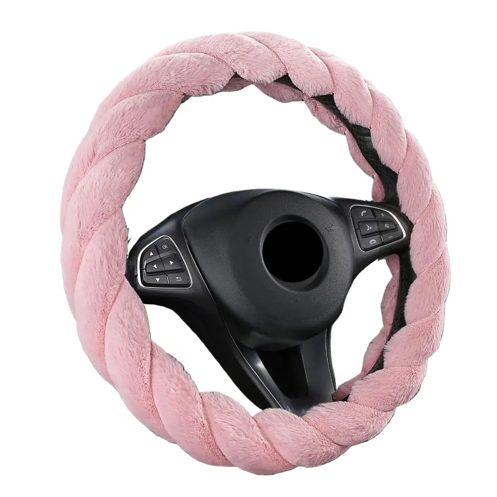 Fluffy Plush Steering Wheel Cover 38 cm (15 in) Pink, Warm Non-Slip Grip, Easy Install