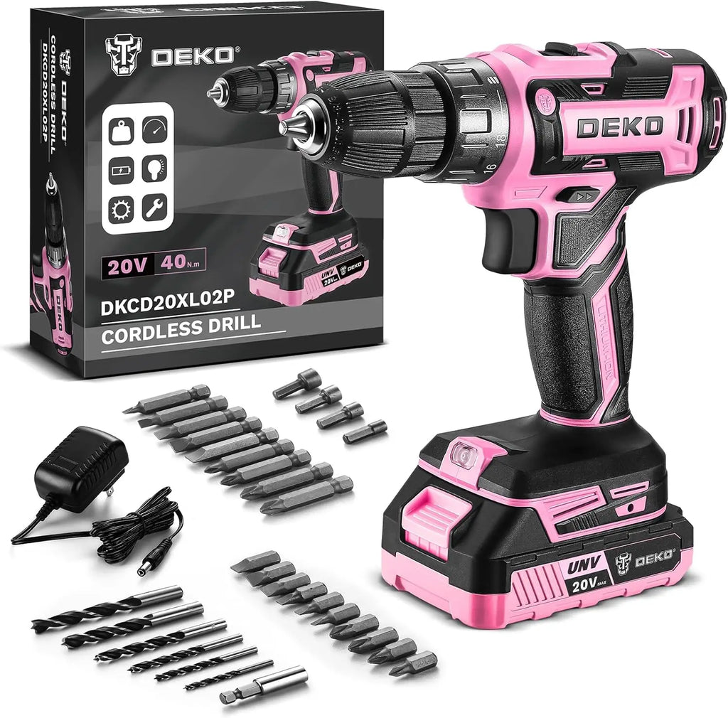 Pink Cordless Drill 20V 1.5Ah Electric Drill Set - Compact Lightweight Power Drill with Battery, Charger & Bits for Women