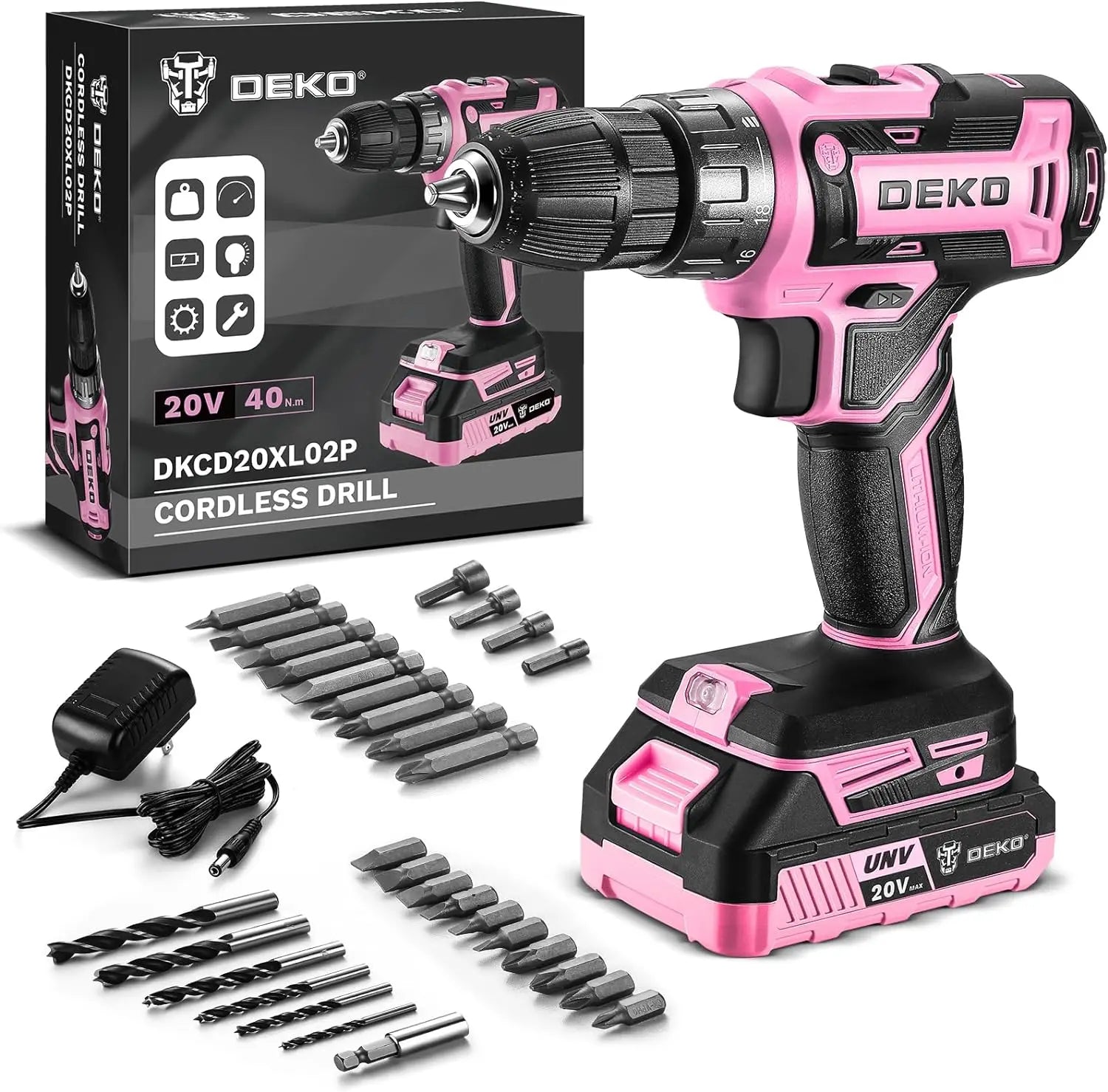 Pink Cordless Drill 20V 1.5Ah Electric Drill Set - Compact Lightweight Power Drill with Battery, Charger & Bits for Women