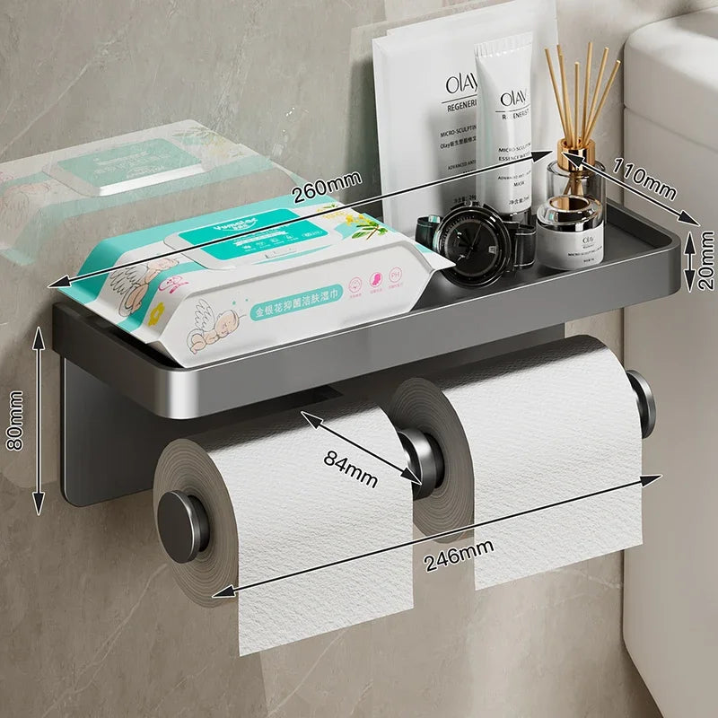 Wall-Mounted Toilet Paper Holder with Shelf - Aluminum Alloy Rustproof Bathroom Roll Holder