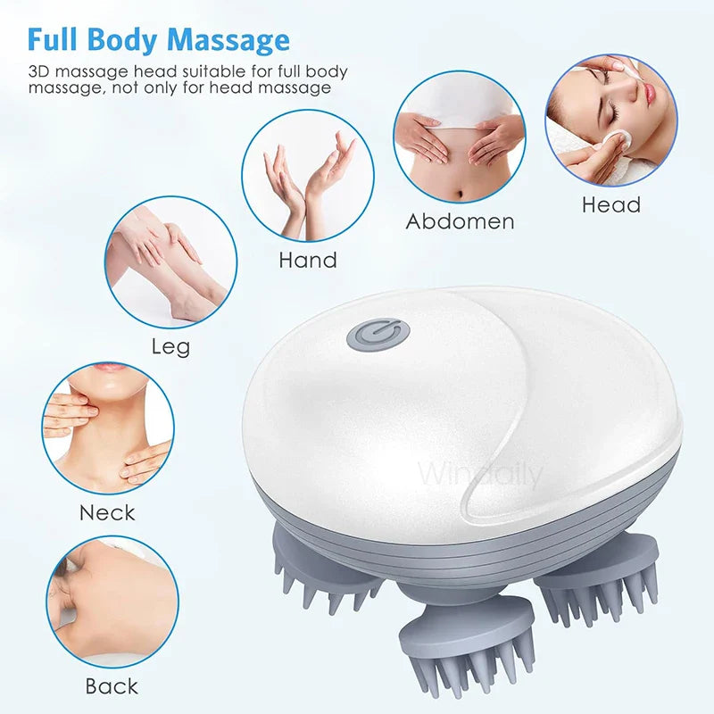 Rechargeable Electric Scalp & Head Massager — Handheld Deep-Kneading 4-Head, IPX6 Waterproof for Hair Growth, Relaxation & Pet Massage