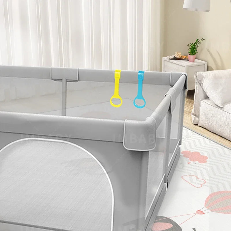 Light Gray Baby Playpen with Pull Ring - Play Yard & Ball Pit Safety Fence for Toddlers