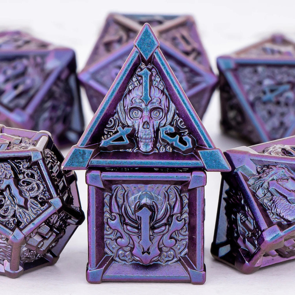 Skull and Dragon Metal Dice Set - 7-Piece Polyhedral DnD Dice for Dungeons & Dragons Tabletop RPG