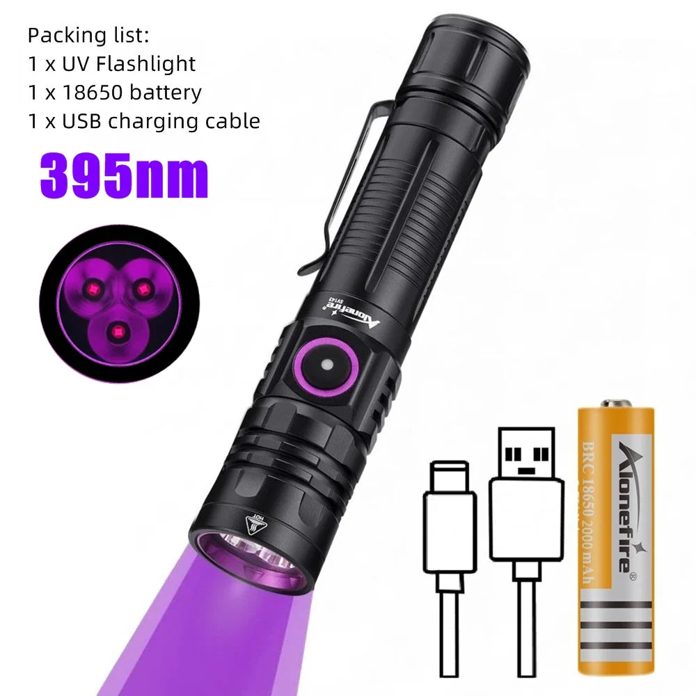 3-LED 365nm UV Blacklight Flashlight USB-C Rechargeable – Pet Stain & Scorpion Detector, UV Glue Curing Torch