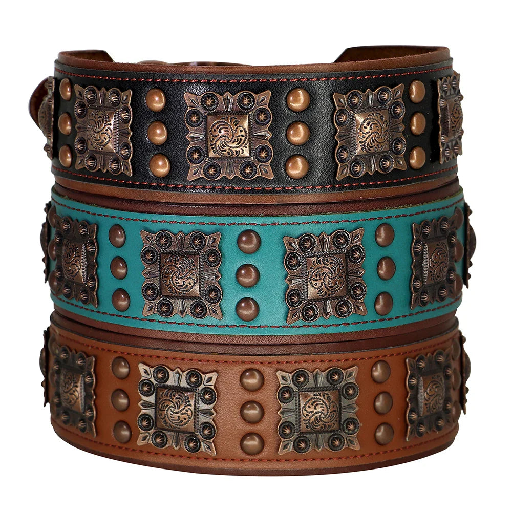Genuine Leather Spiked Dog Collar – Adjustable L/XL for Medium & Large Dogs (Pitbull, Bulldog, German Shepherd) – Black Brown Green