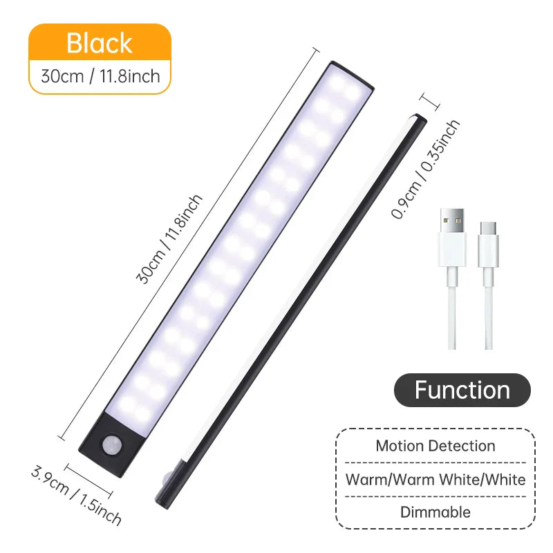 Rechargeable Motion Sensor LED Night Light — USB Wireless Cabinet & Wardrobe Light with Magnetic Mount, 3 Color Temperatures (3000K/4000K/6000K)