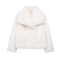 Cropped Faux Fur Jacket for Women – Long Sleeve Snap-Button Lapel Collar Thick Winter Coat