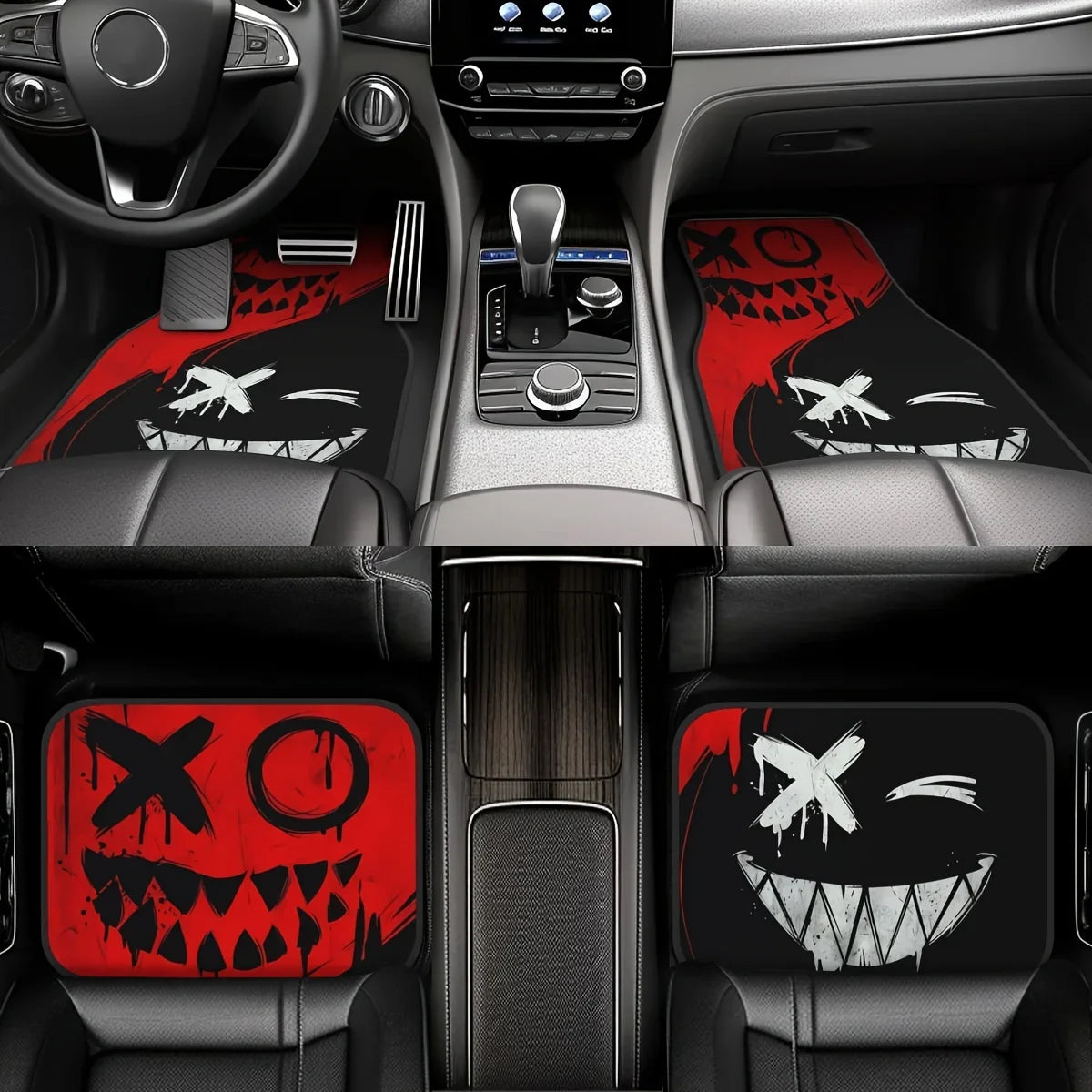 4-Pack Universal Car Floor Mats – Spooky Halloween Red & Black, All-Weather Non-Slip Durable
