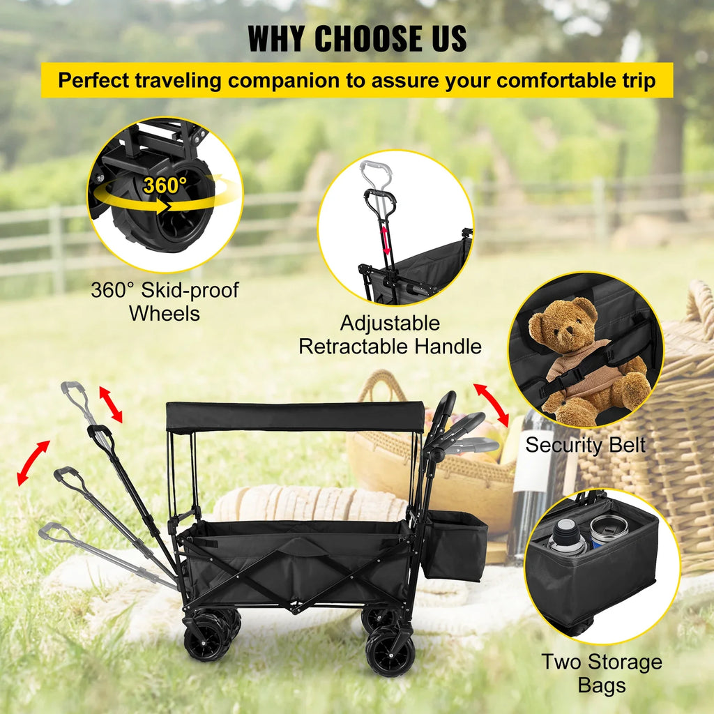 Folding Collapsible Wagon Cart with Adjustable Handle, Removable Canopy — 600D Oxford Utility Beach & Camping Cart