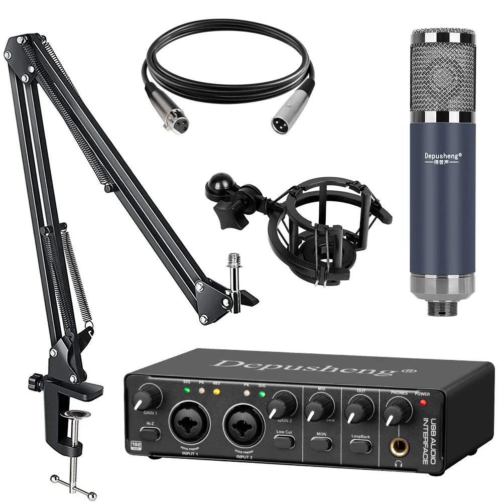 USB Audio Interface 2-In/2-Out with 48V Phantom Power — Low-Latency Recording & Live Monitoring for Guitar, Vocals, Podcasting