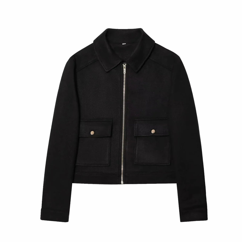 Women's Zipper Jacket - Short Winter Coat with Pockets, Long Sleeve Casual Street Outerwear
