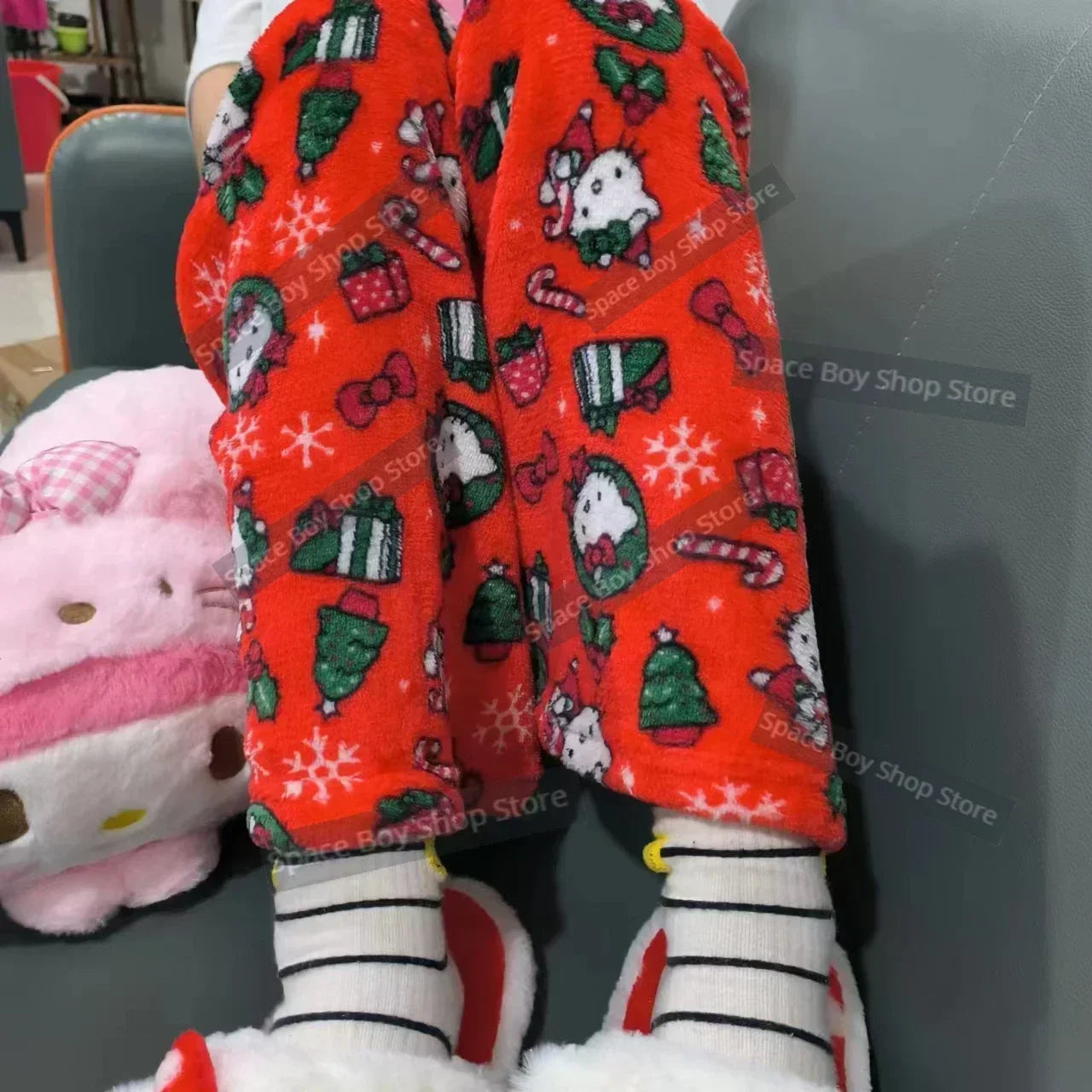 Women’s Flannel Fleece Pajama Pants – Kawaii Cartoon Elastic Waist Lounge & Sleep Trousers, Soft Anime Sleepwear Gift