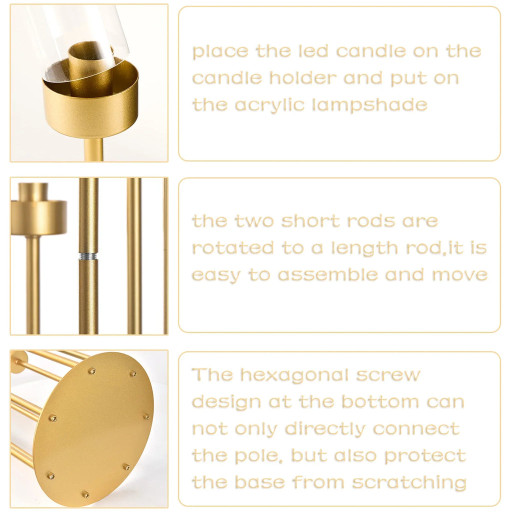 4-Pack 7-Arm Gold Floor Candelabra, 48 in (122 cm) Tall Metal Wedding Centerpiece with Removable Acrylic Shades